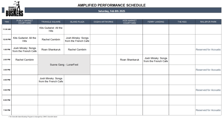 Saturday, Feb 8th 2025: Outdoor Amplified Performance Schedule