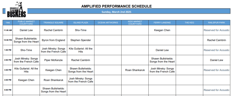 Sunday, March 2 2025: Outdoor Amplified Performance Schedule