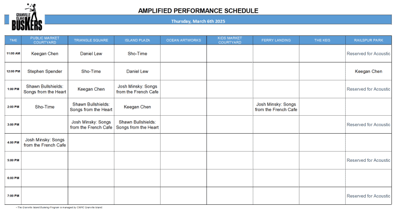 Thursday, March 5 2025: Outdoor Amplified Performance Schedule