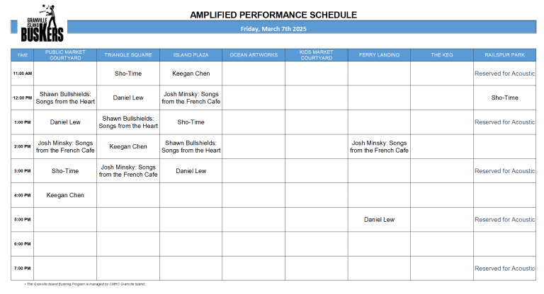 Friday, March 7 2025: Outdoor Amplified Performance Schedule