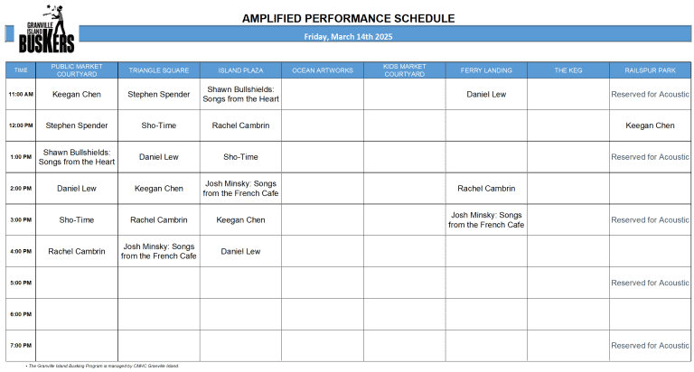 Friday, March 14 2025: Outdoor Amplified Performance Schedule