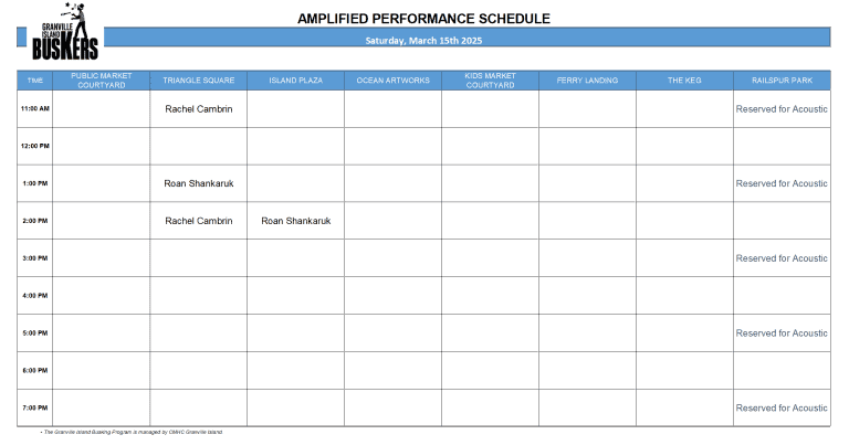 Saturday, March 15 2025: Outdoor Amplified Performance Schedule