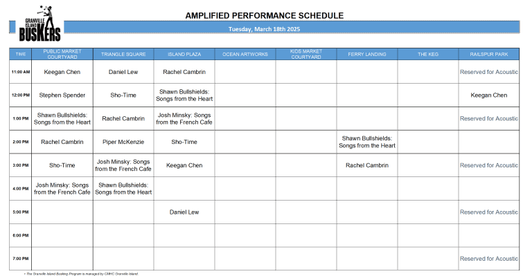 Tuesday, March 18 2025: Outdoor Amplified Performance Schedule