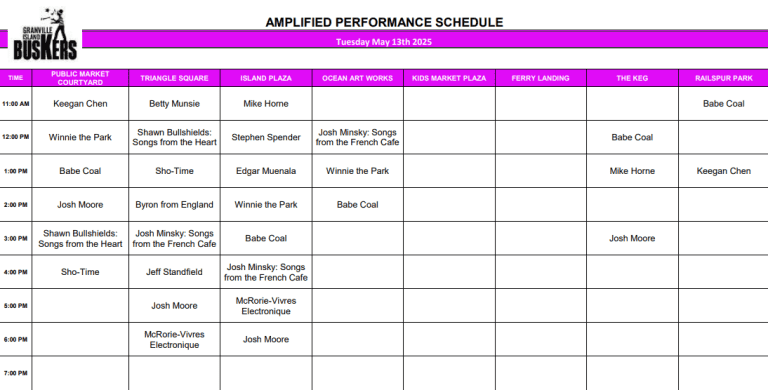Tuesday, May 13 2025: Outdoor Amplified Performance Schedule