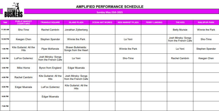 Sunday, May 25, 2025: Outdoor Amplified Performance Schedule