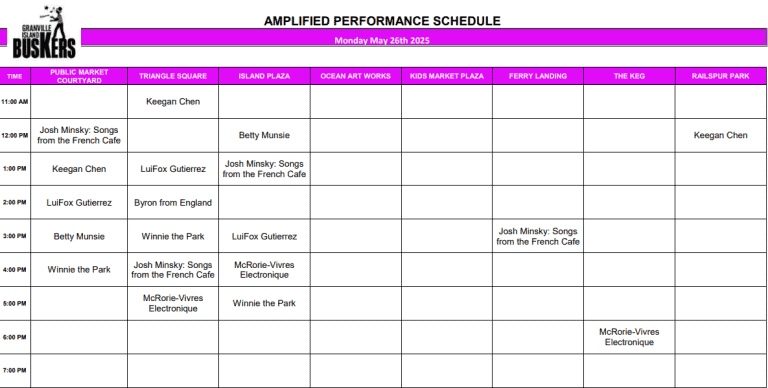 Monday, May 26, 2025: Outdoor Amplified Performance Schedule