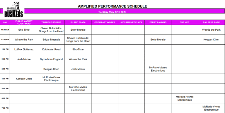 Tuesday, May 27, 2025: Outdoor Amplified Performance Schedule