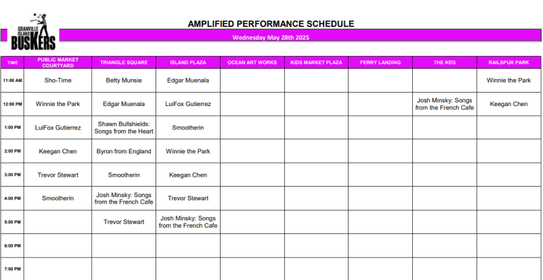 Wednesday May 28, 2025: Outdoor Amplified Performance Schedule