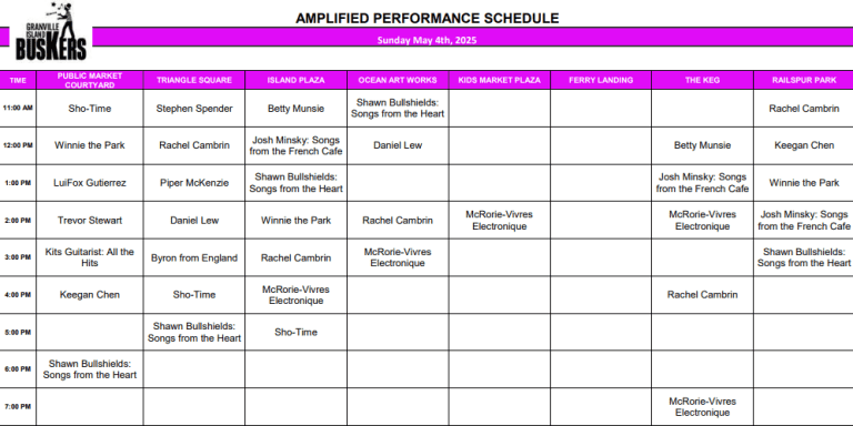 Sunday, May 4 2025: Outdoor Amplified Performance Schedule