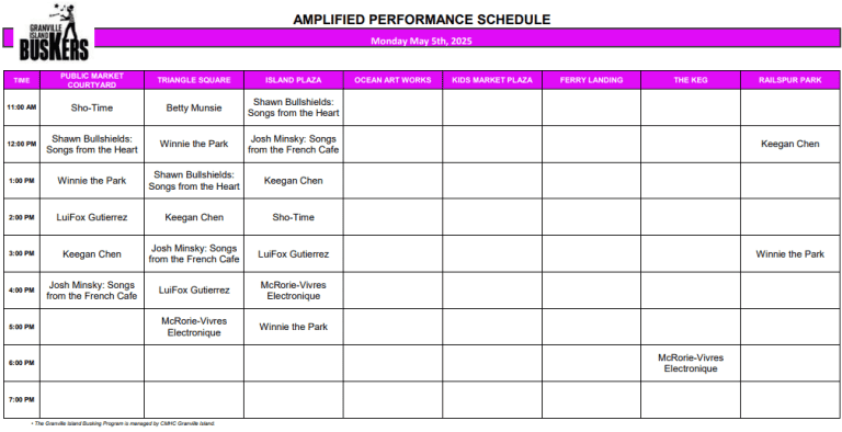 Monday, May 5 2025: Outdoor Amplified Performance Schedule