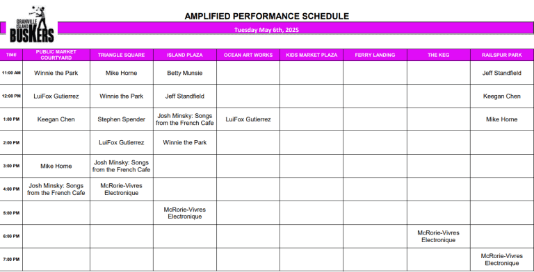 Tuesday, May 6 2025: Outdoor Amplified Performance Schedule