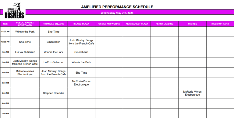 Wednesday, May 7 2025: Outdoor Amplified Performance Schedule