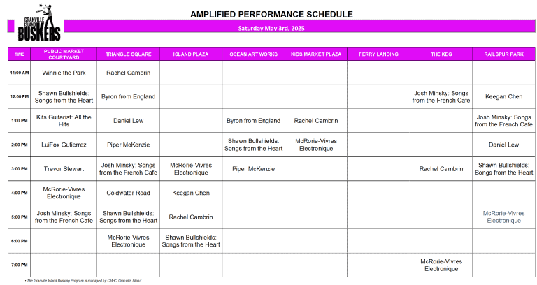 Saturday, May 3 2025: Outdoor Amplified Performance Schedule