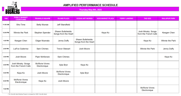 Thursday, May 8 2025: Outdoor Amplified Performance Schedule