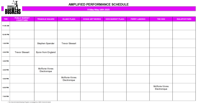 Friday, May 16 2025: Outdoor Amplified Performance Schedule