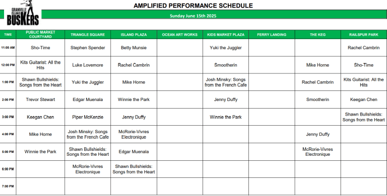 Sunday June 15, 2025: Outdoor Amplified Performance Schedule