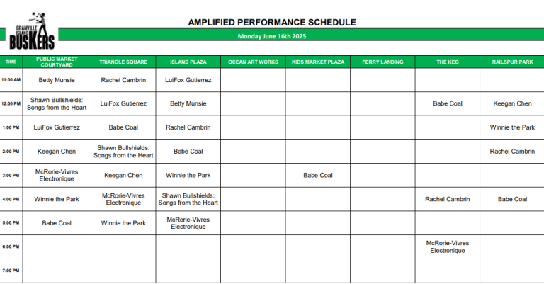 Monday June 16, 2025: Outdoor Amplified Performance Schedule