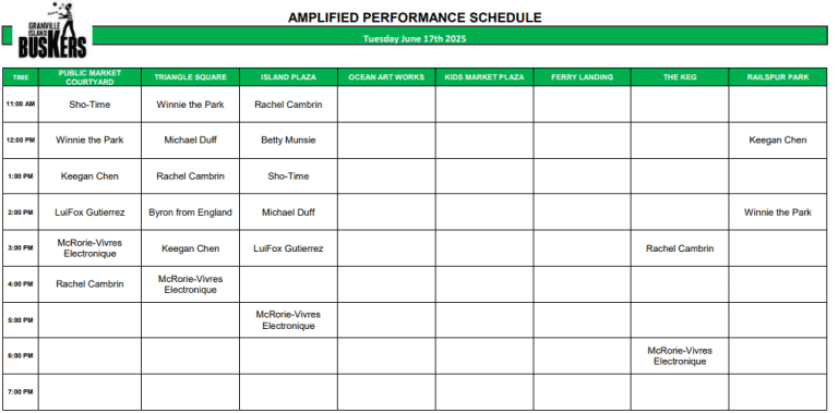 Tuesday June 17, 2025: Outdoor Amplified Performance Schedule