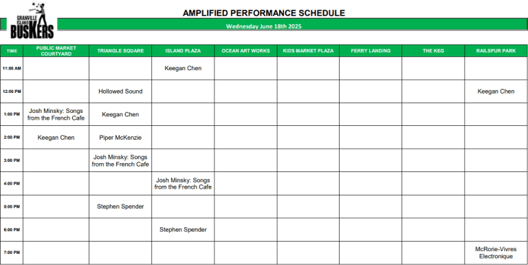 Wednesday June 18, 2025: Outdoor Amplified Performance Schedule