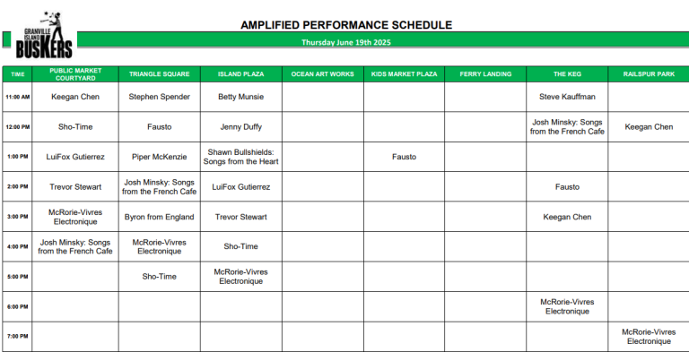 Thursday June 19, 2025: Outdoor Amplified Performance Schedule