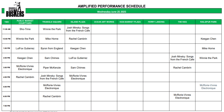 Wednesday, June 25, 2025: Outdoor Amplified Performance Schedule
