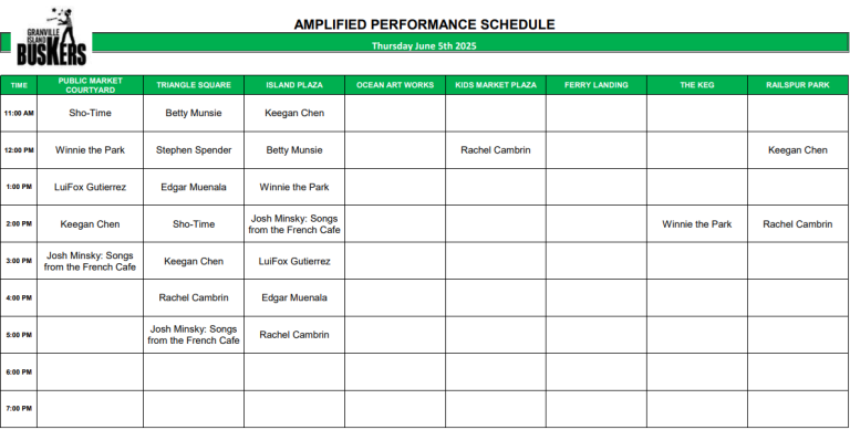 Thursday, June 5, 2025: Outdoor Amplified Performance Schedule