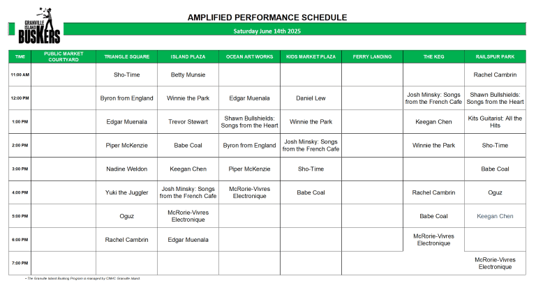 Saturday June 14, 2025: Outdoor Amplified Performance Schedule