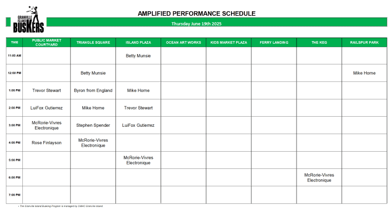 Friday June 20, 2025: Outdoor Amplified Performance Schedule