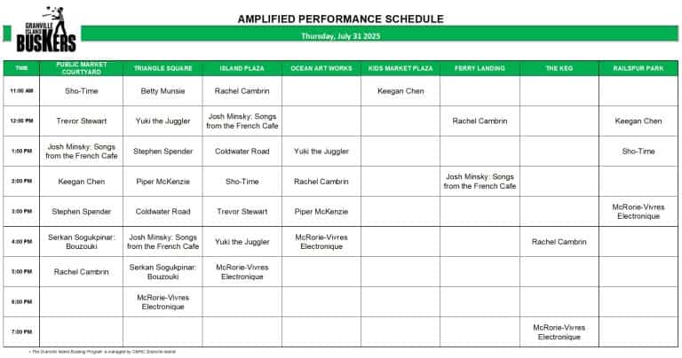 Thursday, July 31 2025: Outdoor Amplified Performance Schedule