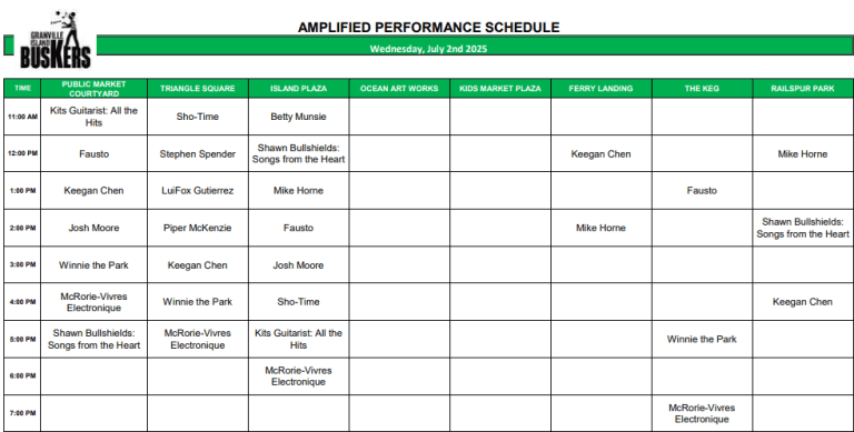 Wednesday, July 2, 2025: Outdoor Amplified Performance Schedule