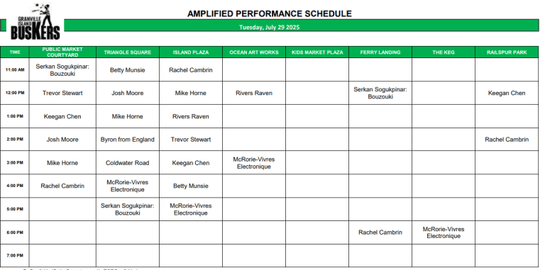 Tuesday, July 29 2025: Outdoor Amplified Performance Schedule