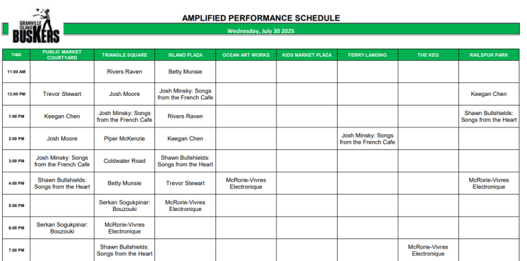Wednesday, July 30 2025: Outdoor Amplified Performance Schedule
