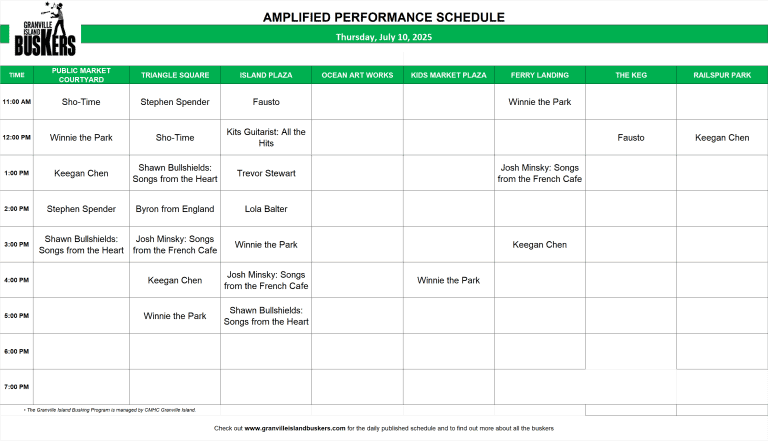 Thursday, July 10, 2025: Outdoor Amplified Performance Schedule