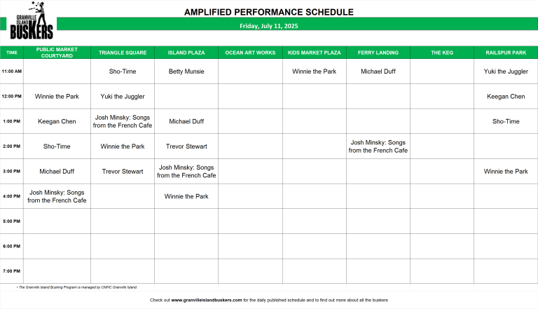 Friday, July 11, 2025: Outdoor Amplified Performance Schedule