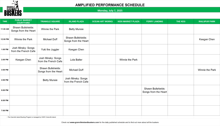 Monday, July 7, 2025: Outdoor Amplified Performance Schedule