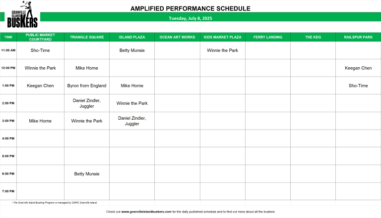Tuesday, July 8, 2025: Outdoor Amplified Performance Schedule