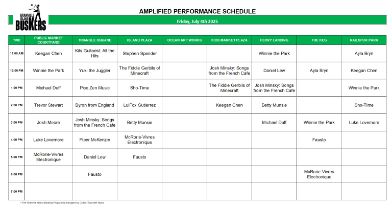 Friday, July 4, 2025: Outdoor Amplified Performance Schedule