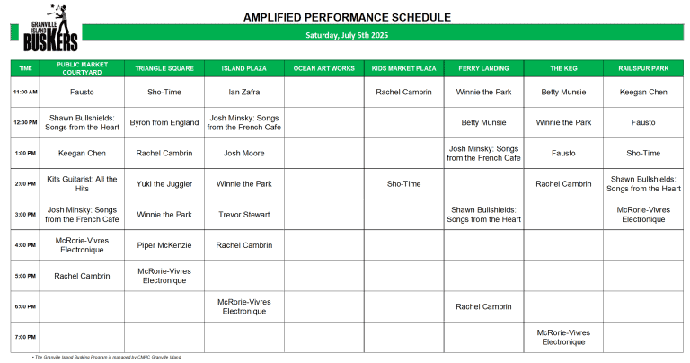 Saturday, July 5, 2025: Outdoor Amplified Performance Schedule