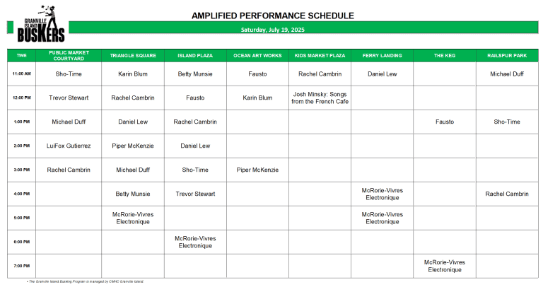 Saturday, July 19, 2025: Outdoor Amplified Performance Schedule