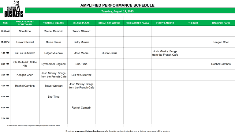 Tuesday, August 19, 2025: Outdoor Amplified Performance Schedule