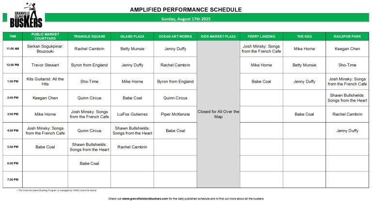 Sunday, August 17, 2025: Outdoor Amplified Performance Schedule