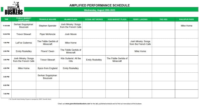 Wednesday, August 20, 2025: Outdoor Amplified Performance Schedule
