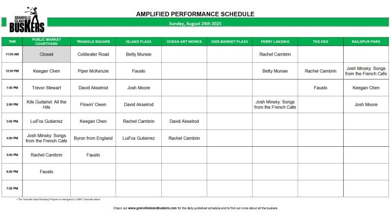 Sunday, August 24, 2025: Outdoor Amplified Performance Schedule