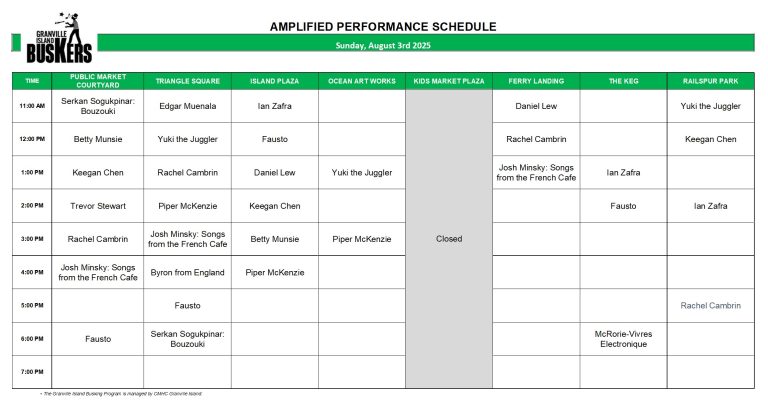 Sunday, August 3 2025: Outdoor Amplified Performance Schedule