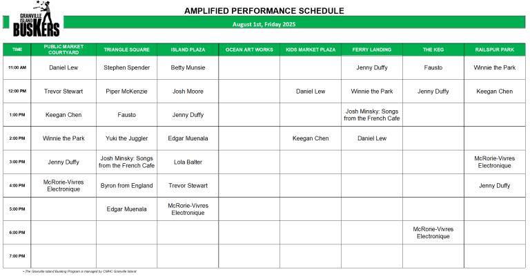 Friday, August 1 2025: Outdoor Amplified Performance Schedule