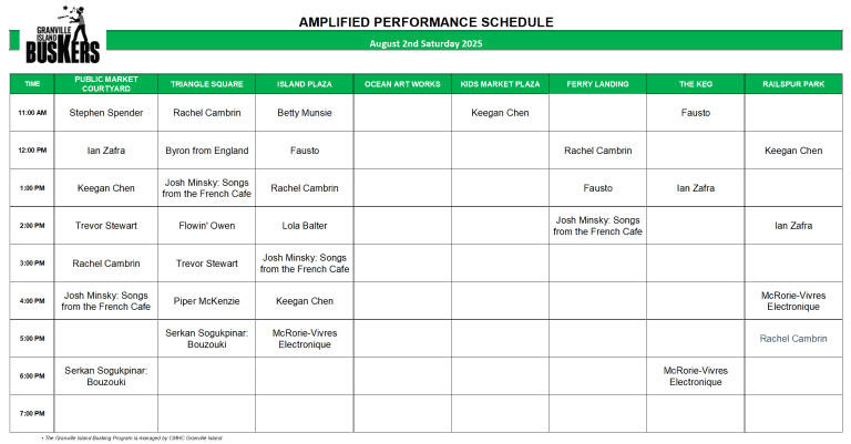 Saturday, August 2 2025: Outdoor Amplified Performance Schedule