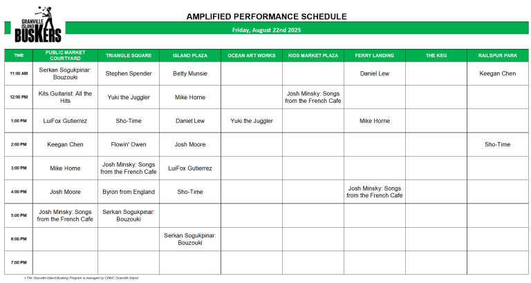 Friday, August 22, 2025: Outdoor Amplified Performance Schedule