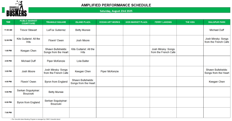 Saturday, August 23, 2025: Outdoor Amplified Performance Schedule