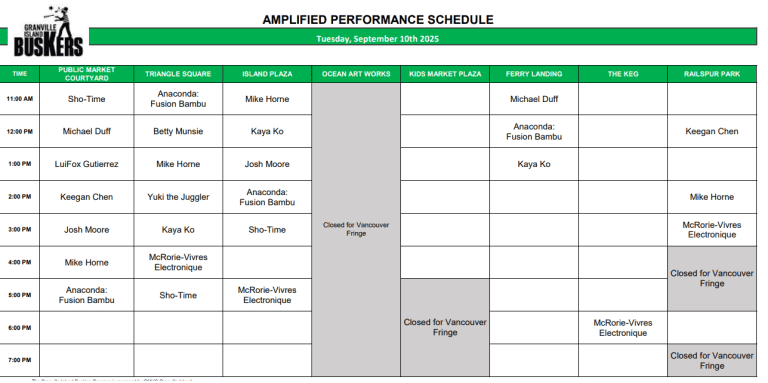 Wednesday, September 10, 2025: Outdoor Amplified Performance Schedule