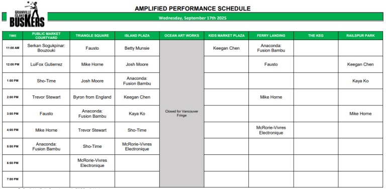 Wednesday, September 17, 2025: Outdoor Amplified Performance Schedule